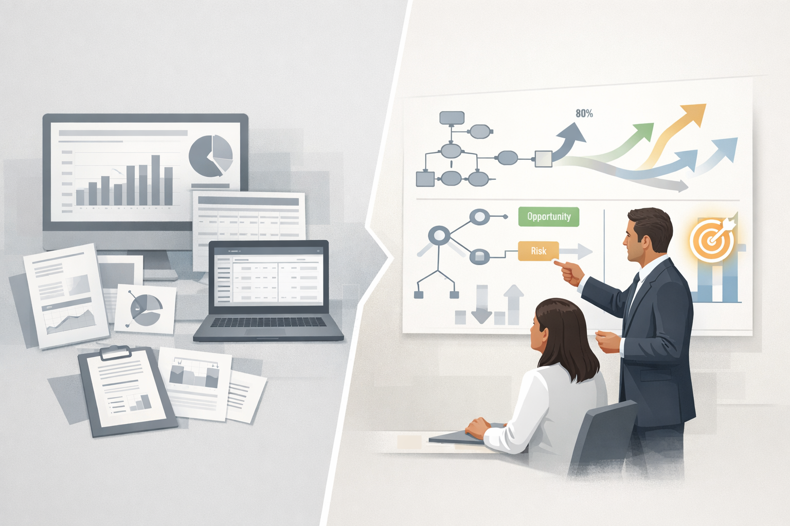 Business meeting analyzing charts, graphs, and strategic plans on a whiteboard.